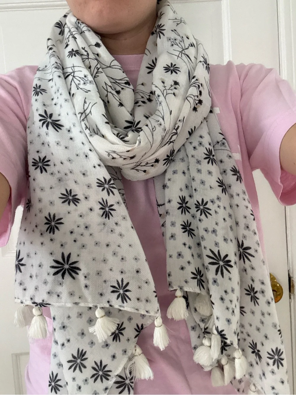 LOFT White Scarf with Black Floral Print and Tassels